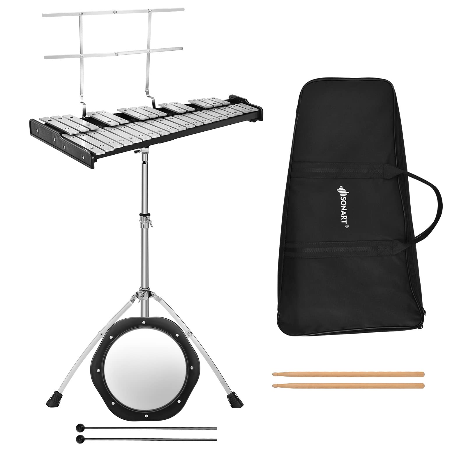 COSTWAY Glockenspiel 32 Tönen Xylophon mit verstellbarem Ständer, 20cm Übungspad, Schlägeln und Tragetasche, Percussion Schlaginstrument Alu
