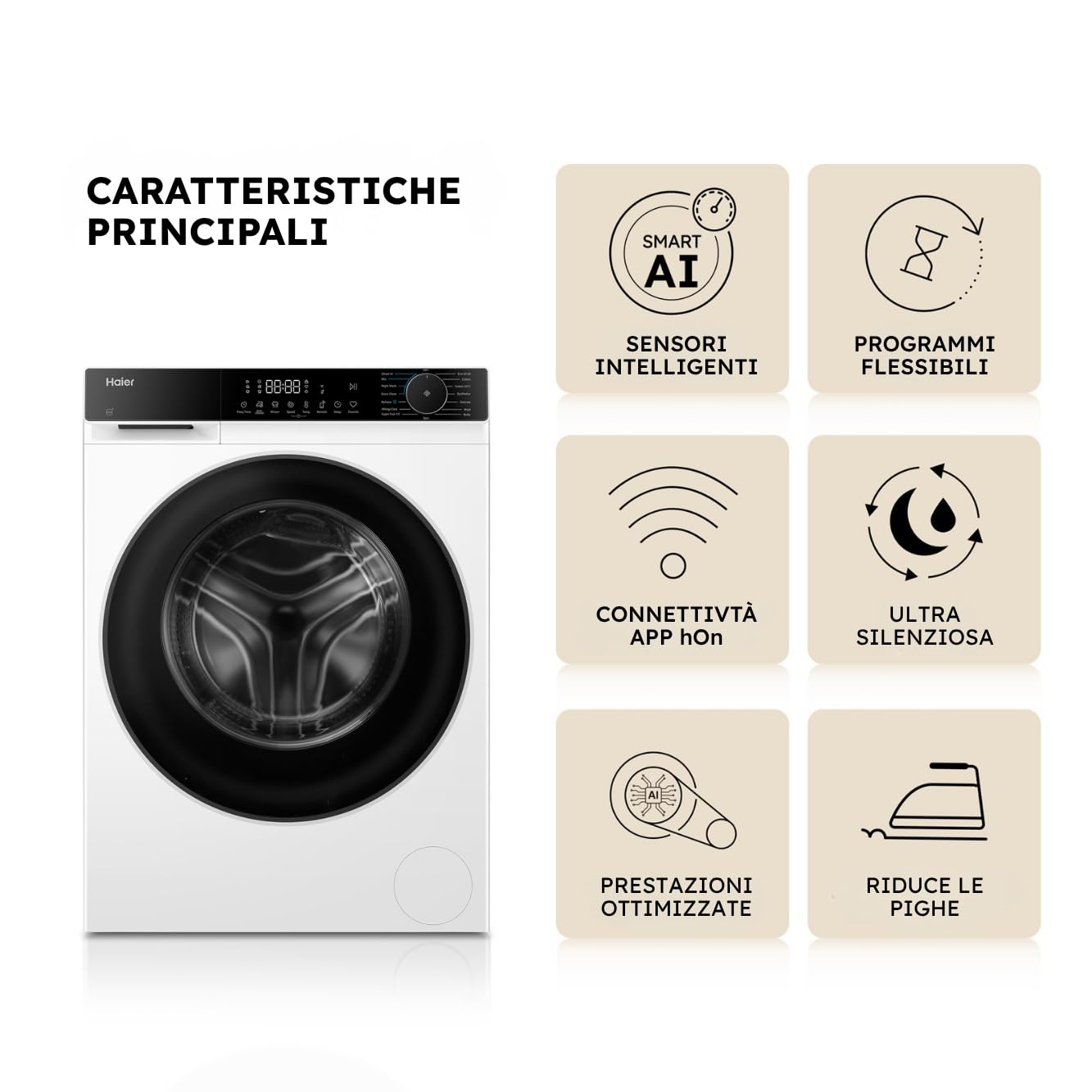 Haier X Serie 5 Lavatrice 12 Kg, Libera Installazione, Carica Frontale, Classe A-30%, 1400 Giri, Smart AI Cycle, Ciclo Refresh a Vapore, Wi-Fi con App hOn, 85x60x66 cm, Bianca – HW120-BP14357UIT