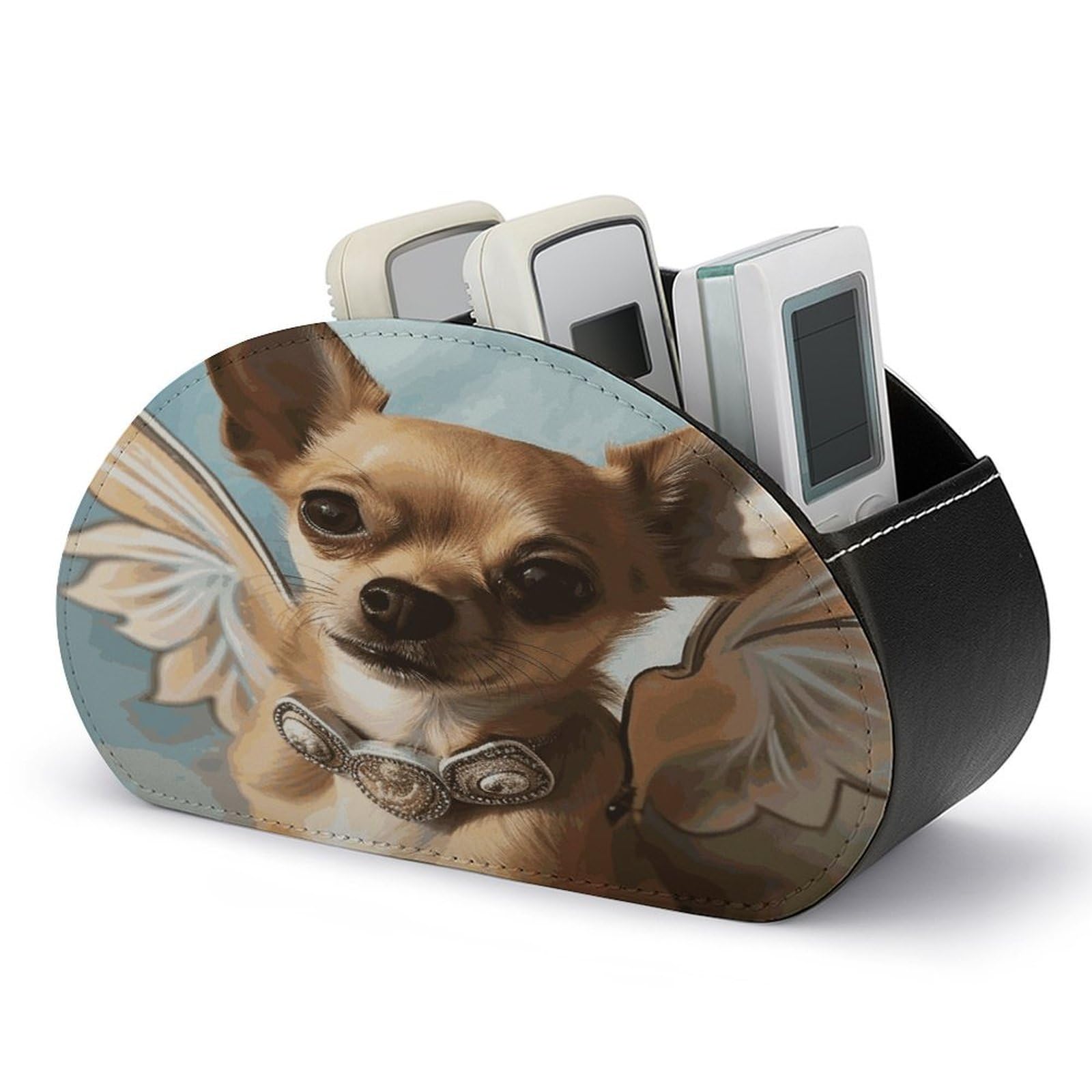 JTREHY Brown Chihuahua Angel Wings Remote Control Holder 5 Compartments Remote Caddy Tray PU Leather TV Remoter Storage Box Bedside Table Storage Organizer Office Desk Storage Case