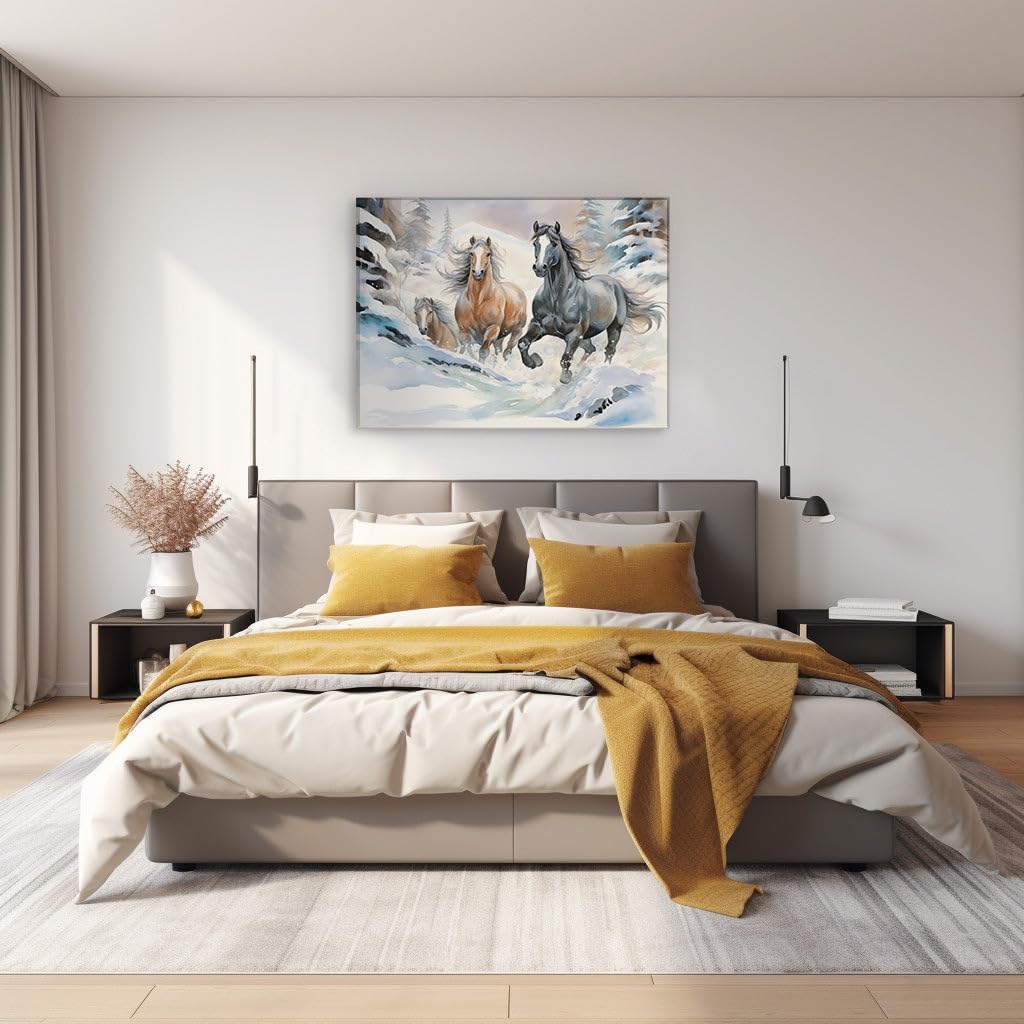 Canvas for Living room. Galloping Grace in Winter's Embrace � Majestic Horses Defy the Snowy Wilds, 27 x 18 inch Canvas Wall Art - Contemporary Masterpieces - Nature Home Decor - 69x46 cm (27x18 inch)