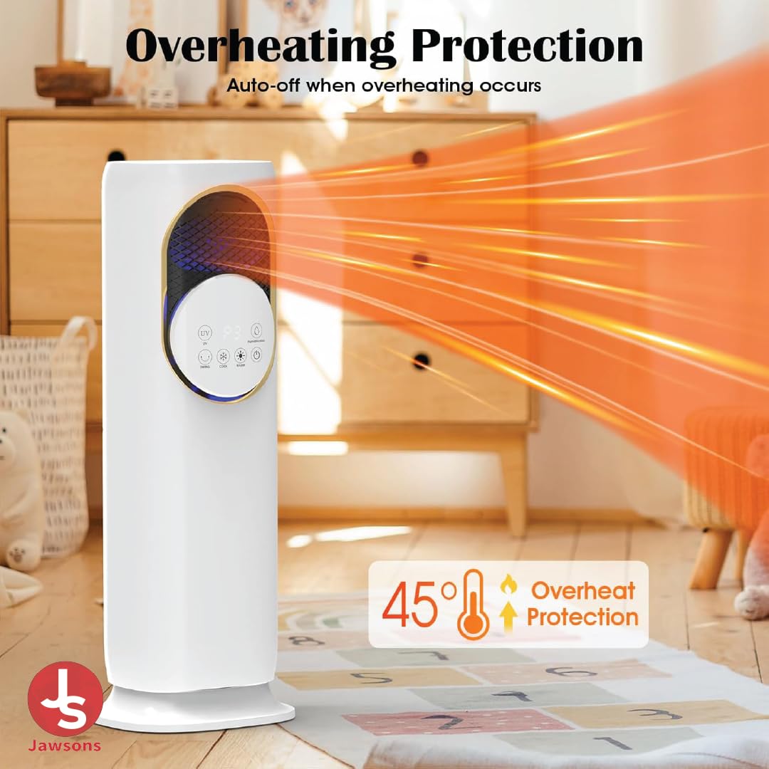 Jawsons™ 4-in-1 Oscillating Tower Fan with Heater, Humidifier & Cooler | 120° Oscillation, 4L Water Tank, 3 Cooling Speeds, 2 Heating Levels, 9-Hour Timer & Remote Control | All-Season Comfort 2