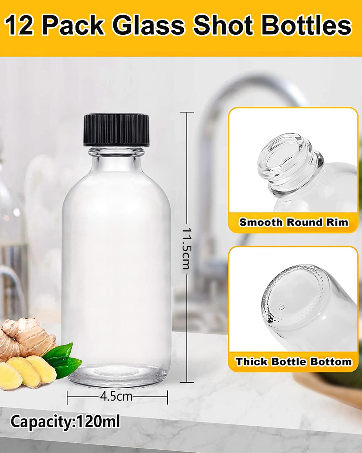 YBCPACK 12 bottiglie piccole da riempire, 120 ml, mini shot, in vetro con imbuto, etichette e penna, perfette per zenzero, liquori e altre bevande