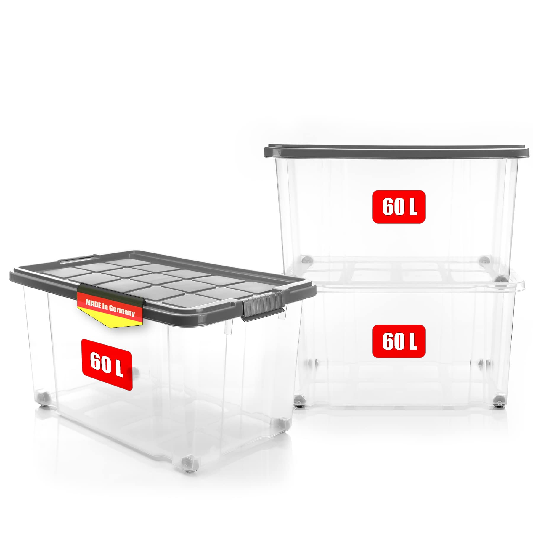 BigDean 3 Stück 60 L Aufbewahrungsbox mit Deckel groß stahlgrau stapelbar | stapelbare robuste Box - rollbare Stapelbox mit festen Klickverschlüssen - Made in Germany