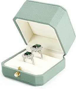 2Slots Leather Ring Box Jewelry Gift Box Mirofiber Interior Wedding Ring Case for Birthday, Proposal, Engagement, Wedding, Valentine's Day (Green)