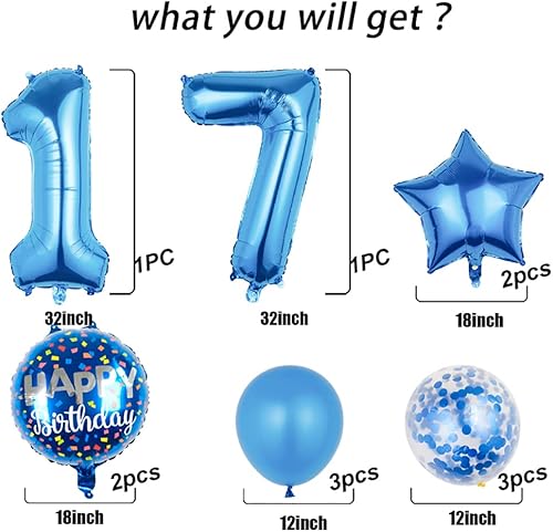 Miniatura 2 de Globos, 11 globos de aluminio para niños de 17 años para suministros de fiesta de cumpleaños de 17 años, globos de confeti, globos de fiesta de