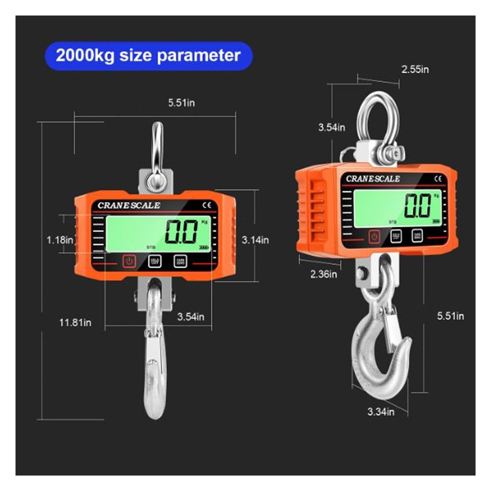Pantalla LCD Digital, báscula Crance de 2000kg, báscula de elevación de mano, medidor de pesaje de grúa con gancho de peso resistente Múltiples funciones(Black)