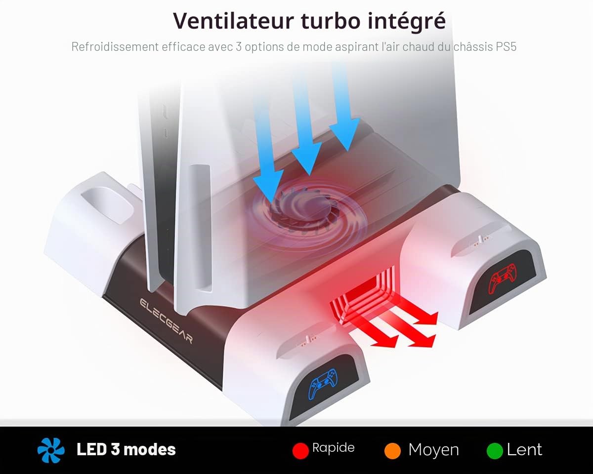 ElecGear PS5 Support Vertical, Ventilateur de Refroidissement, Dual Chargeur Station de Charge Contrôleur, Jeux Stockage Stand pour Manette DualSense, PlayStation 5 Media Remote et Support de Casque