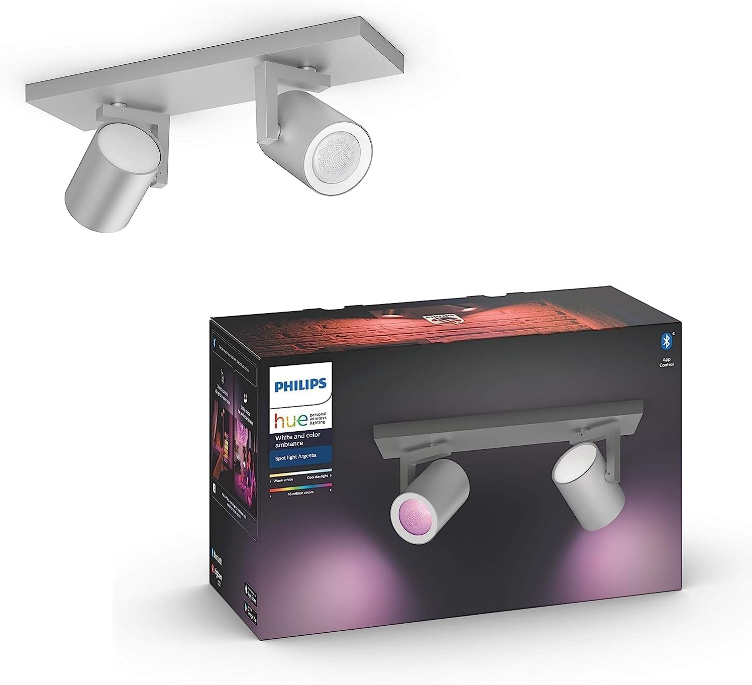 Philips Hue Argenta White & Colour Ambiance Smart Twin Ceiling Spotlight Bar LED (GU10) with Bluetooth, Aluminium, Works with Alexa, Google Assistant and Apple HomeKit
