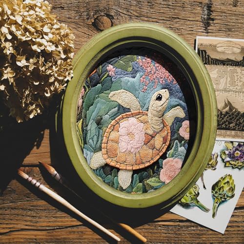 Image of FONNUY Sea Turtle Floral Embroidery Kit, Cross Stitch Kits for Beginners, Handmade Crafts with Printed Patterns for Adults, Easy to Follow Color Thread Needlework, 8'' Hoop (Dancing Turtle)