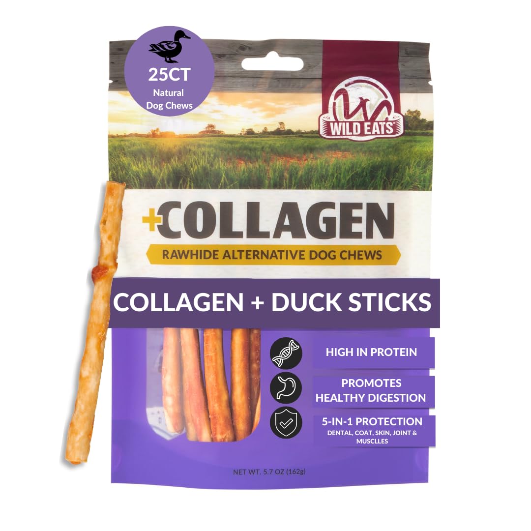 Wild Eats Real Duck Collagen Sticks for Dogs (25 Pack,5 Inch) Long Lasting Dog Chews No Hide Dog Treat Bully Stick Alternative, Rawhide Free, Grain Free, High Protein