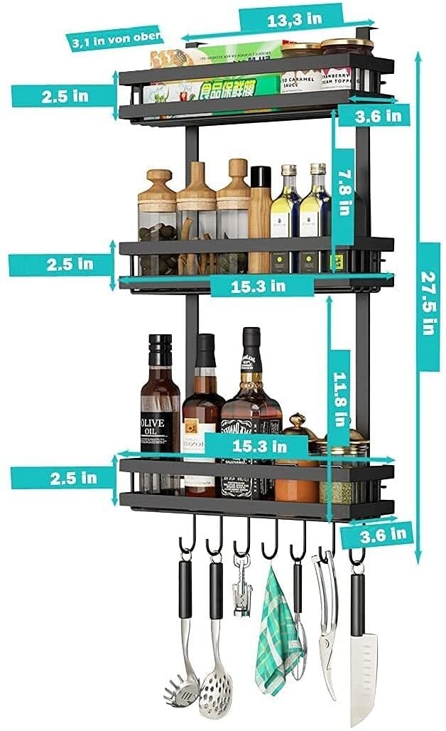 Estante colgante multifuncional para refrirador, estante de metal sin taladro, 3 niveles, con riel y estante de cocina negro de 7 hoo