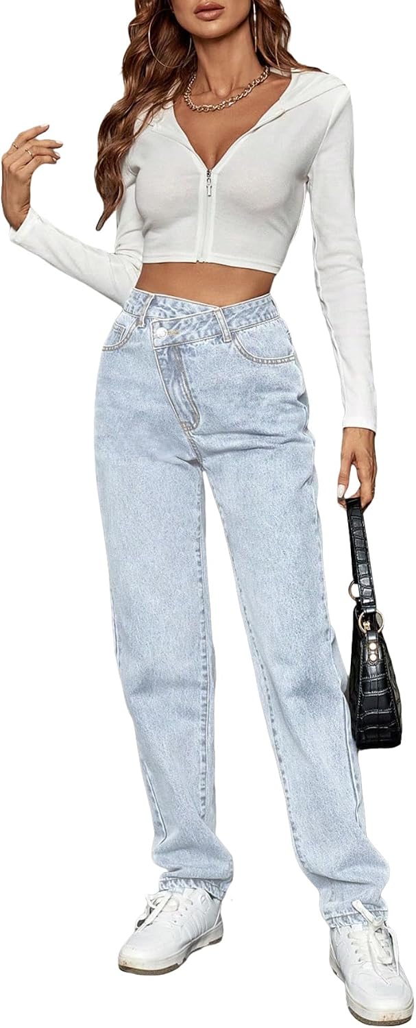 SweatyRocks Women’s High Waisted Straight Leg Long Jeans Asymmetrical Waist Denim Pants Light Wash A X-Large