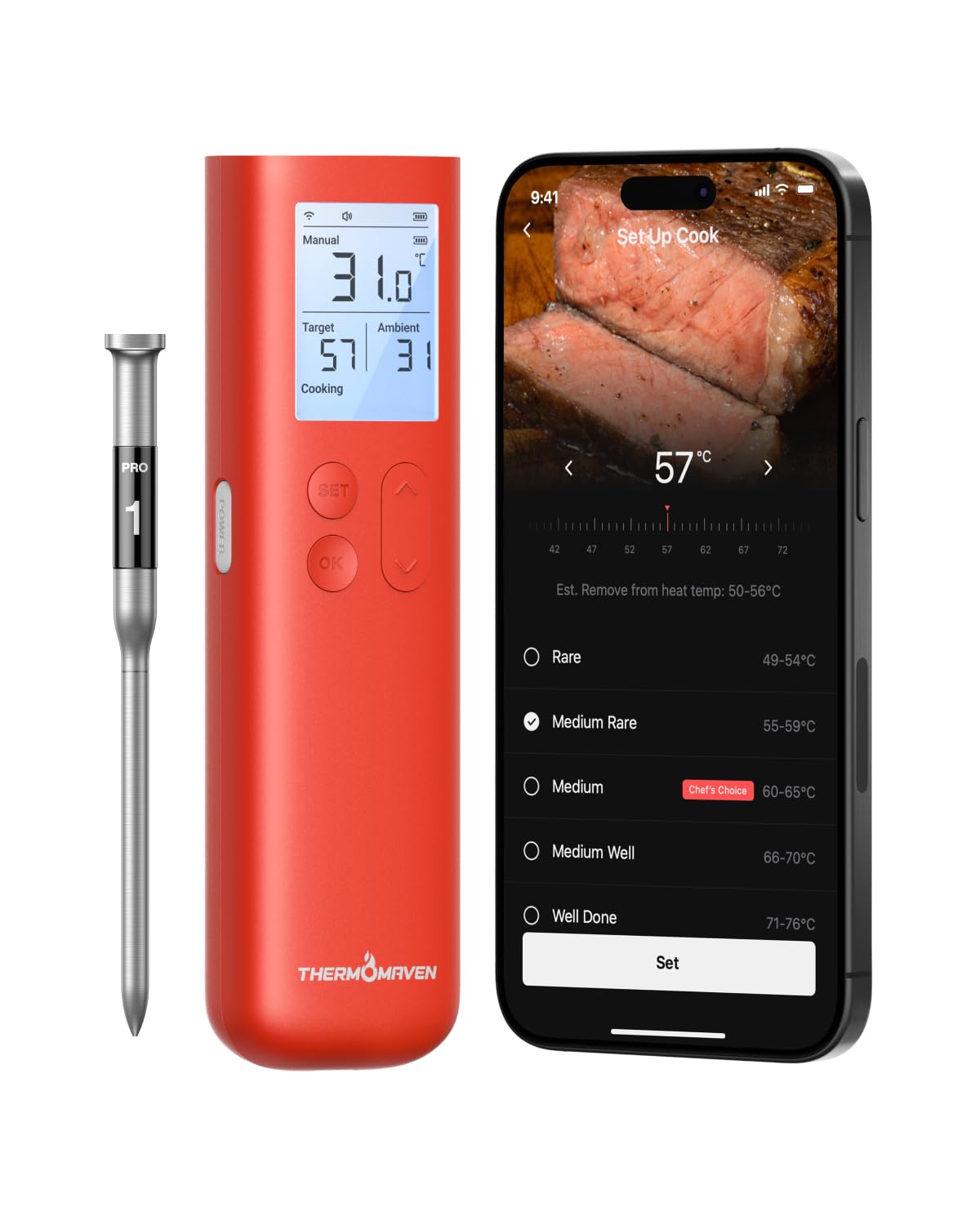ThermoMaven Fleischthermometer Kabellos, Sub-1G 10X Signal Grillthermometer | 915m Reichweite, Smart Display-Basis & App, NIST-Zertifiziert ±0,3 °C, Bratenthermometer für BBQ, Smoker, Grill, Backofen