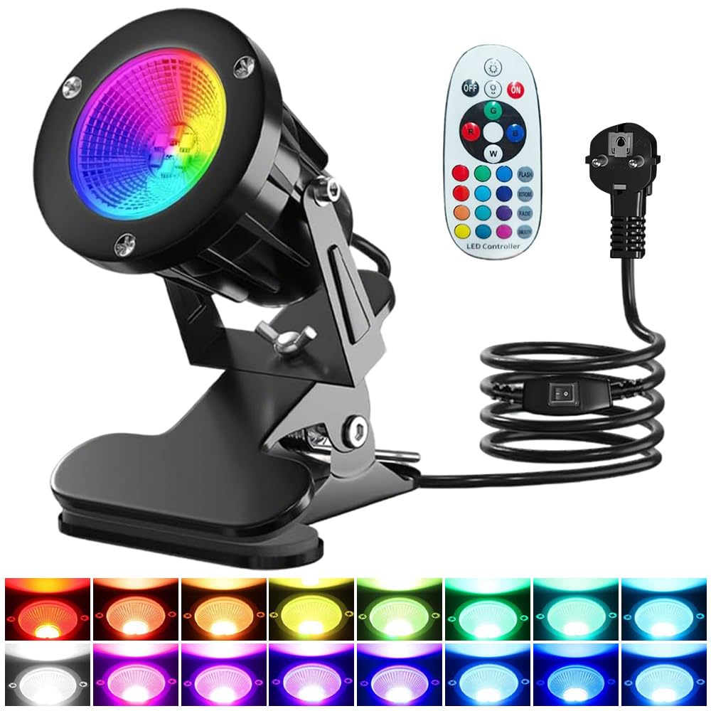 LED Foco de Pinza, 6W RGB LED Foco de Pinza, 15 Luz RGB + Luz Cálida 3000K, IP65 Resistente, Lámpara de Jardín con Enchufe de 3 m, Conector e Interruptor para Interior y Exterior, Patio Césped