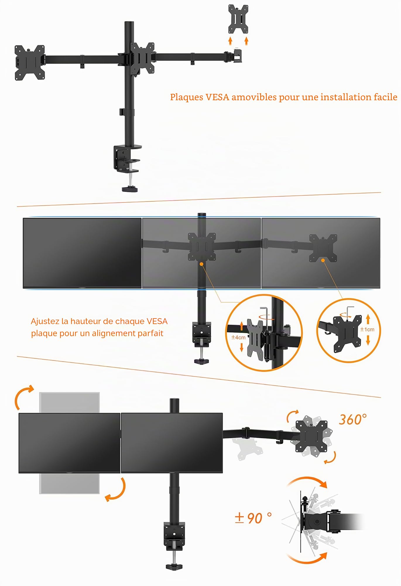 BONTEC Support Triple Moniteur 3 Écrans 13-24" VESA 75x75mm/100x100mm Rotation Inclinable Pivotable Hauteur Réglable 10kg