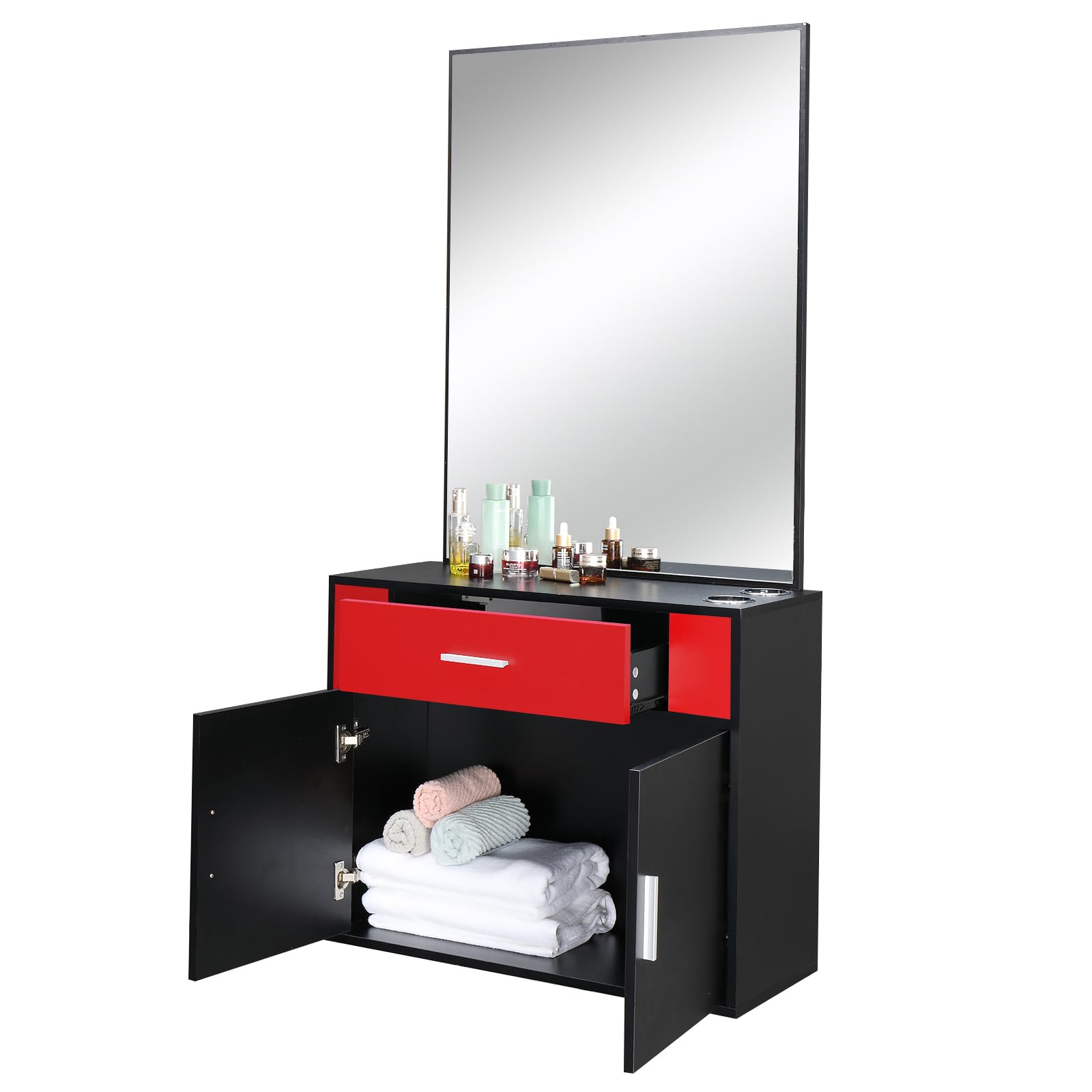 (mirror only)Wall Mount Barber Salon Stations Styling Station with Vanity Mirror Barber Beauty Spa Salon Equipment (Black/red)