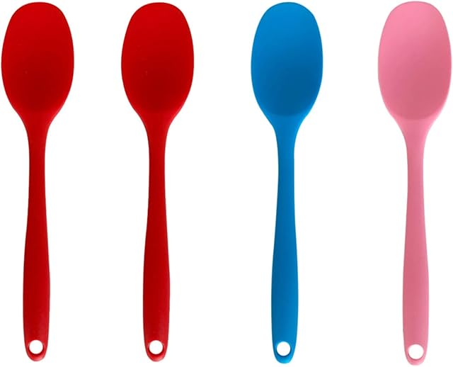 4 Pieces Silicone Mixing Spoon Non-Stick Serving Spoon One Piece Design Silicone Spoon Used for Mixing, Baking, Serving and Stirring (Red, Blue, Pink)