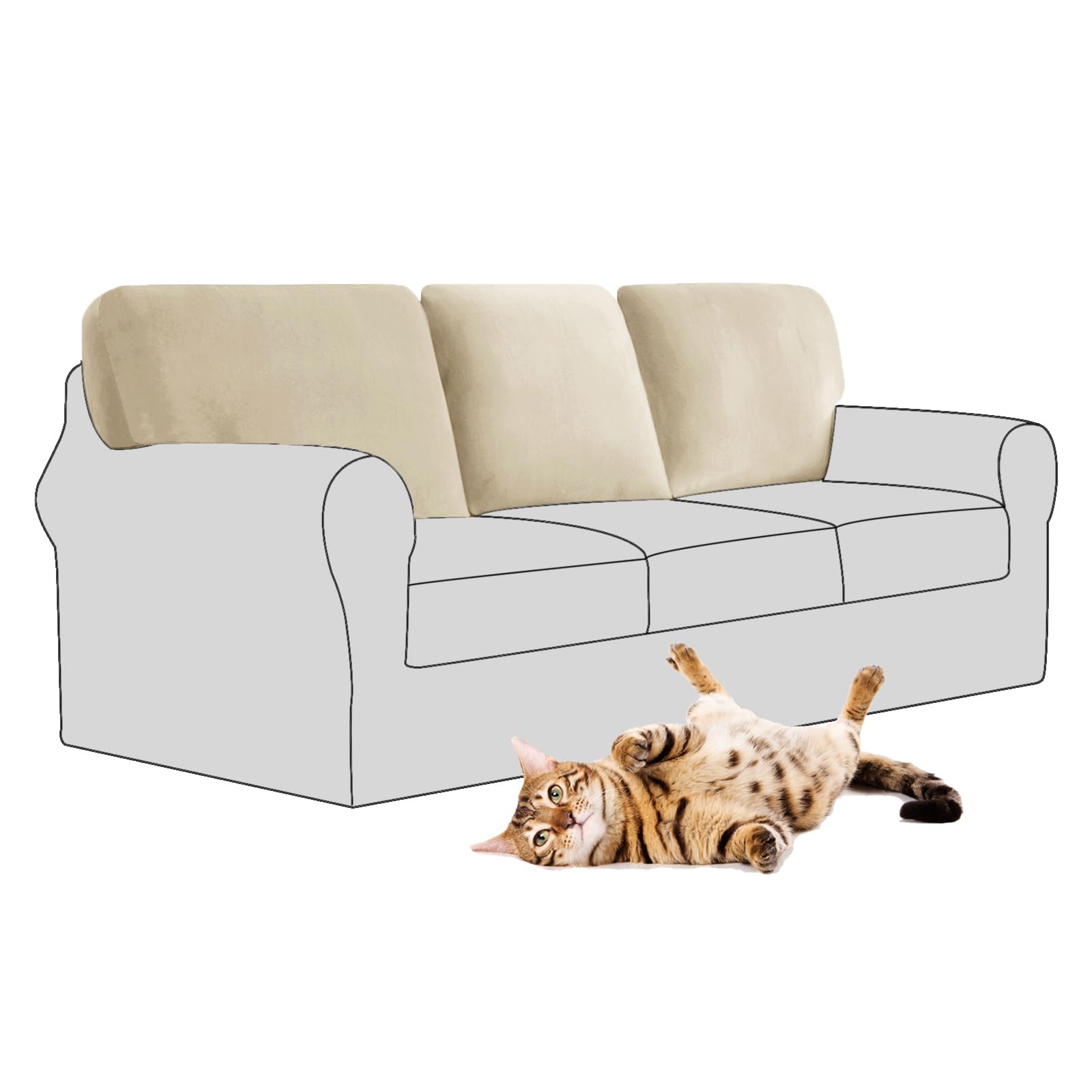 SYLC Stretch Velvet Sofa Backrest Cover, Back Cushion Covers Non-Slip Sofa Cushion Slipcovers for Couch Chesterfield Caravan RV Dinette (Beige,3 pcs Rectangle M) โ image 1