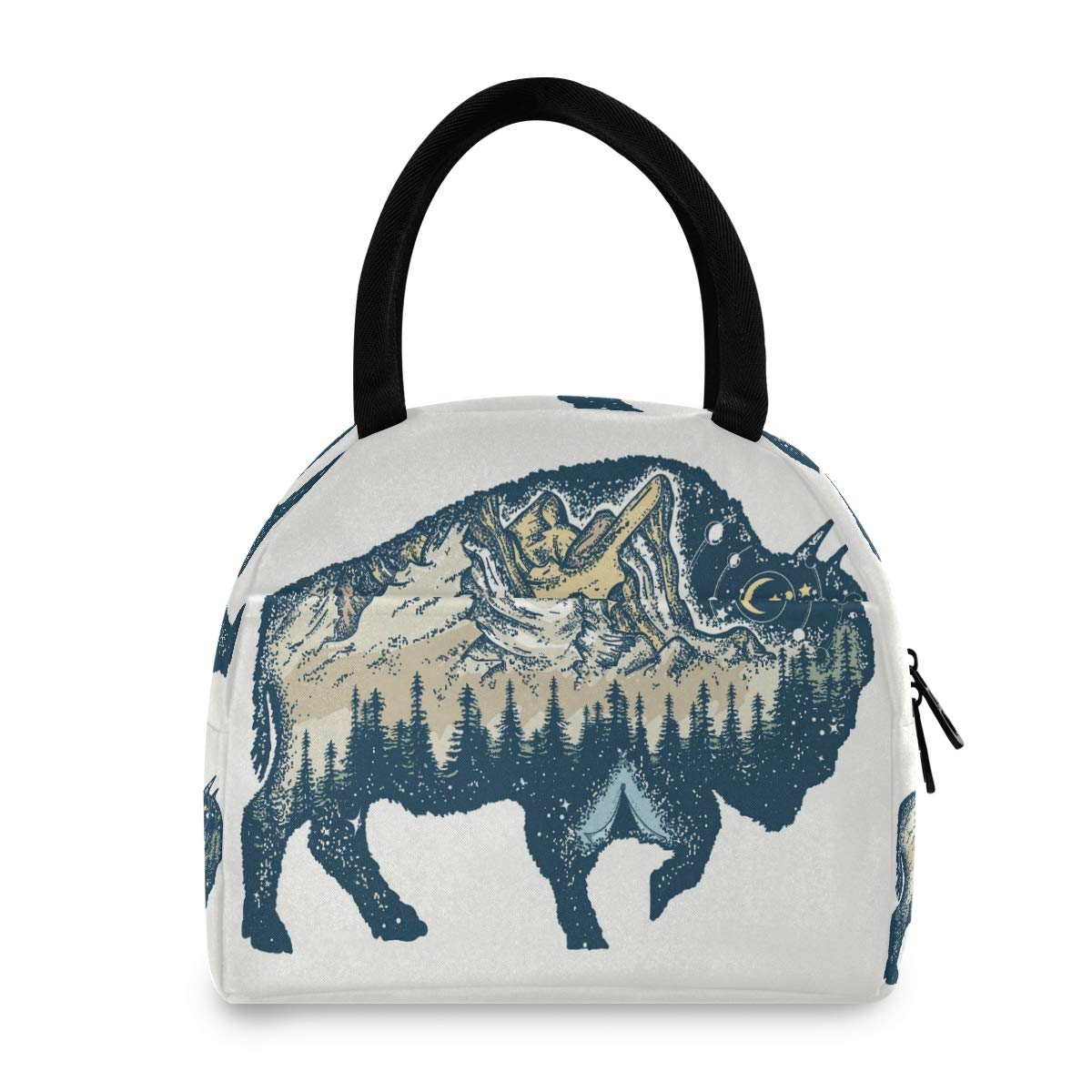 Linomo Animal Buffalo Bull Bison Lunch Bag Cooler Bag Insulated Lunch Box Tote Bag Handbag for Kids Boys Girls Womens Men