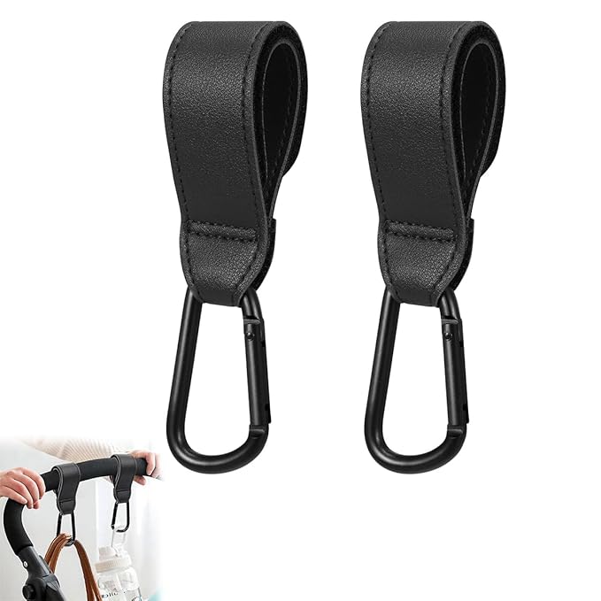 2Pcs Hanging Hook for Pram Stroller Hanging Clip Adjustable PU Leather Pram Clip with Quick Release Carabiner Design Universal Attaching Buckle for Stroller, Bike, Pram, Pushchair