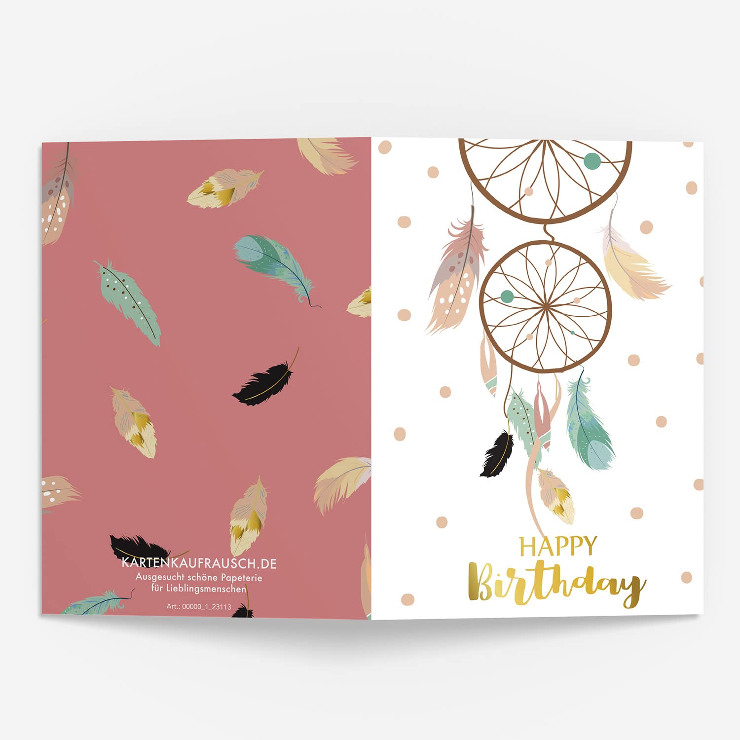 16 Karten: Boho Stil Geburtstagskarte mit Federn und Traumfänger: Happy Birthday als Glückwunsch Klappkarte zum Geburtstag, Grußkarte mit Umschlag