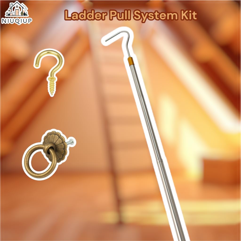 Attic Ladder Pull Down System Kit with Retractable Extension Pole (15-64 Inch), Vintage Copper Pulls Handles& Durable Hardware, Cordless Replacement for Attic Stairs Accessories, Easy Install Tool Set