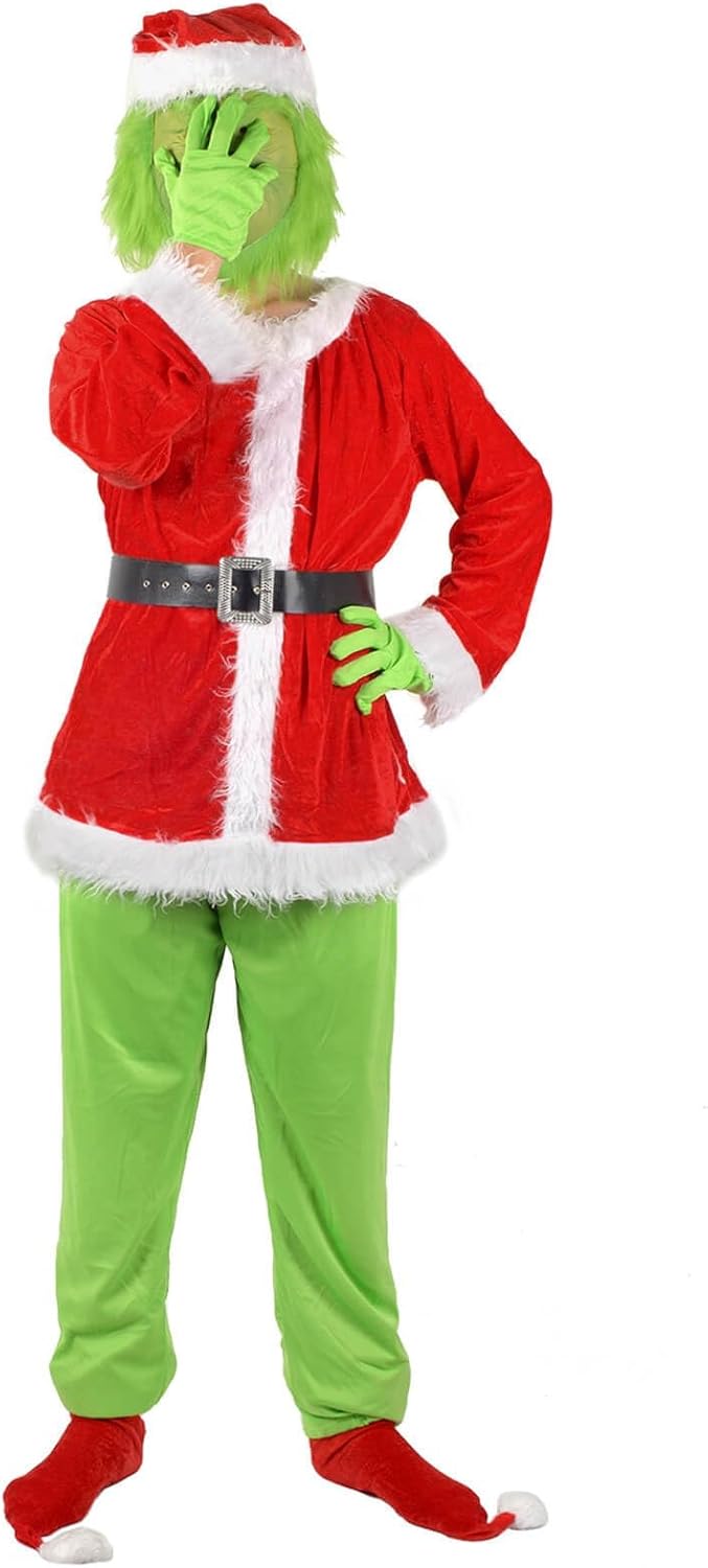 Christmas Furry Costume Halloween Adult, Halloween Outfit for Woman Men, Costume Santa Claus Cosplay X-Large Green