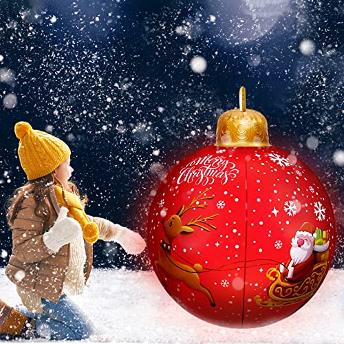 Inflatable Christmas Ball For Christmas Decorations - 24”Pvc Santa With Reindeer Christmas Inflatables,Led Lights Red Christmas Ornament With Handle And Stakes For Yard Porch Lawn Patio Decorations #TOP5
