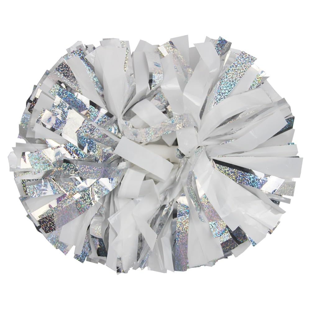 Lovecheer 2PCS Metallic Holographic Cheerleader Pom Poms with Baton Handle Professional Cheerleading Pom Poms for Sports Team Spirit Party Daily