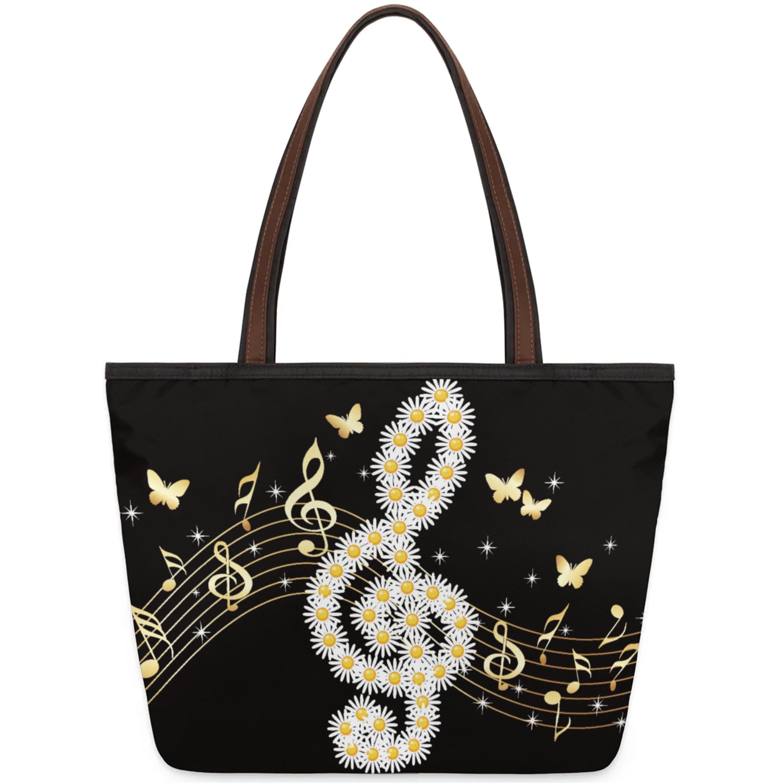 Chrysanthemum Music Butterflies Tote Bag Multi Pocket Zippered Beach Bag Lightweight Waterproof Handbag for Women Men Work Gym Travel Swimming Yoga Grocery Shopping M