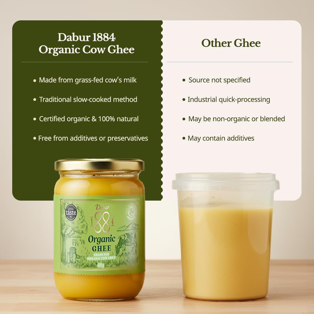 Dabur 1884 Organic Cow Ghee | Grass-Fed Cow | Ghee – Burro Chiarificato per Cucina e Ayurveda | 230 g / 470 g / 850 g
