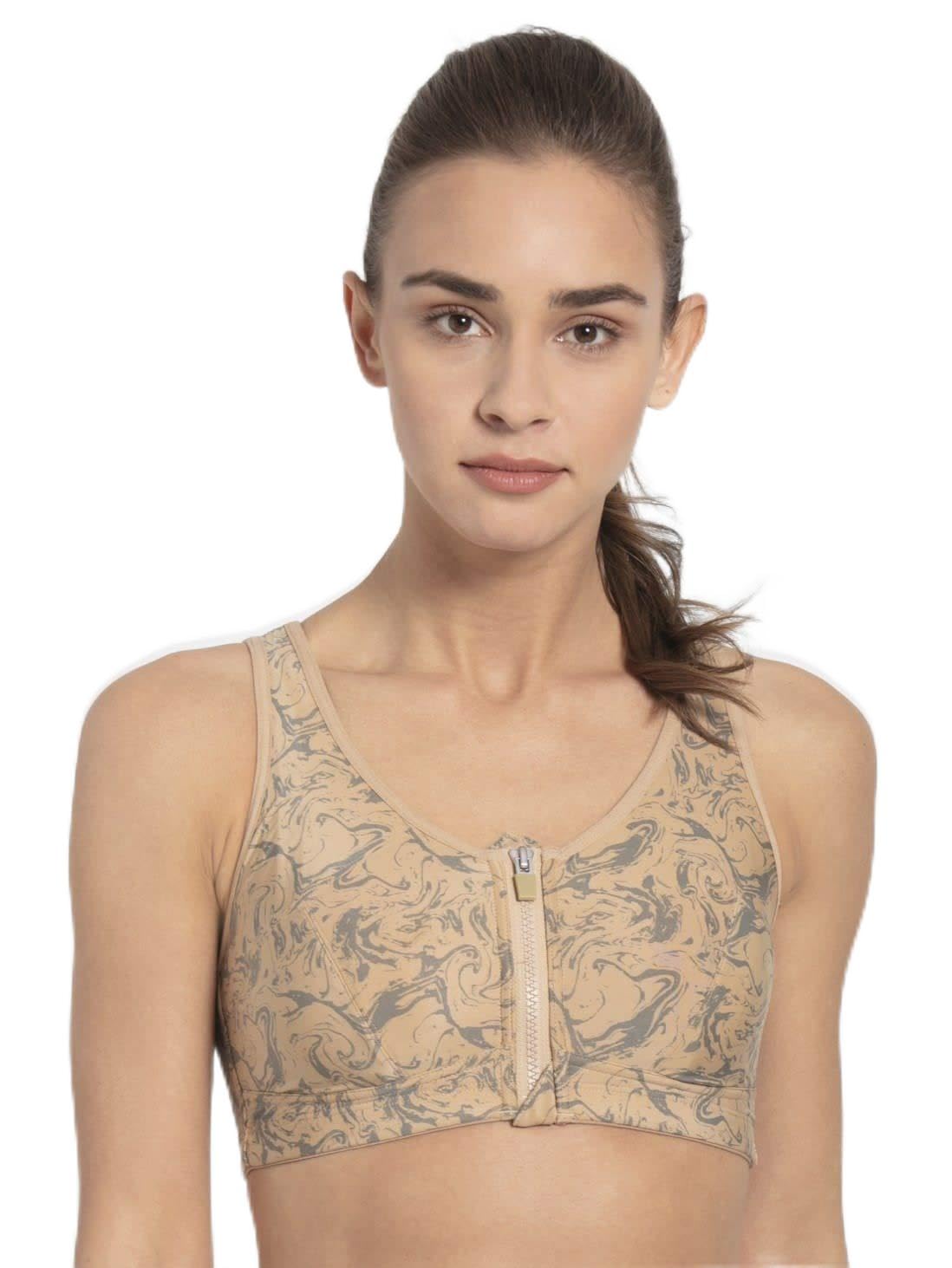 MI02 Women's Sports Bra | Wirefree | Padded | Full Coverage | Printed | Racer Back Front Zipper Styling | Microfiber Elastane Fabric