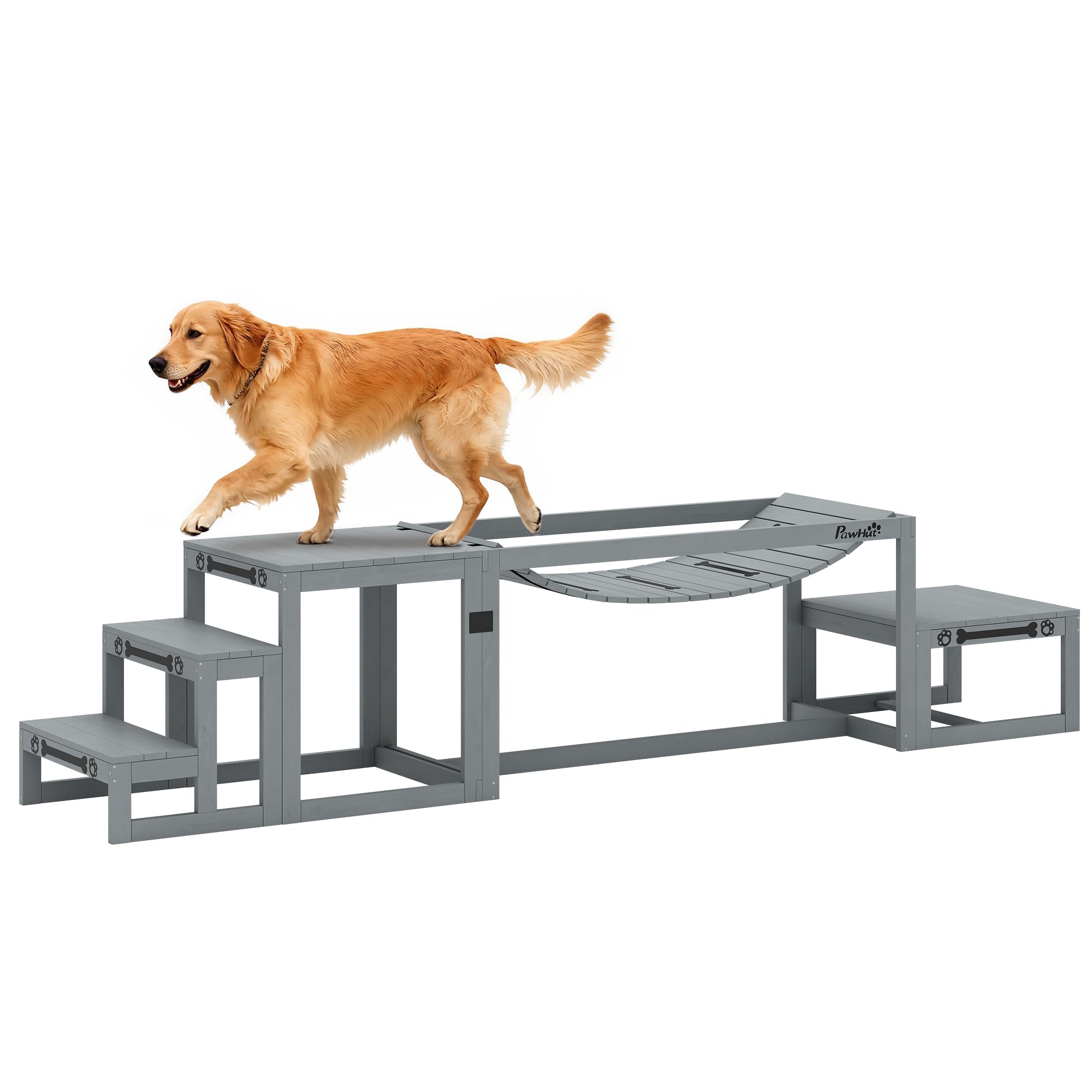PawHut Equipo de Entrenamiento Agilidad para Perros 3 Piezas Gris | Kit de Agilidad para Perros, 3 Piezas, Plataforma de Pausa, Escalera, Madera Maciza, Material de Propiedocepción