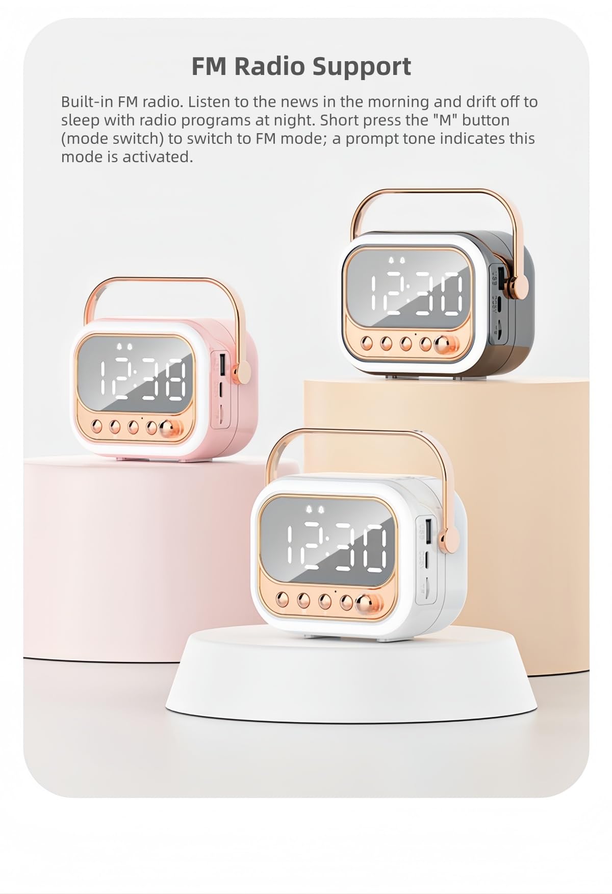 Sveglia Bluetooth luce RGB, subwoofer portatile da tavolo, luci colorate, radio FM, doppia sveglia, riproduzione TF/USB, amici. (Rosa)