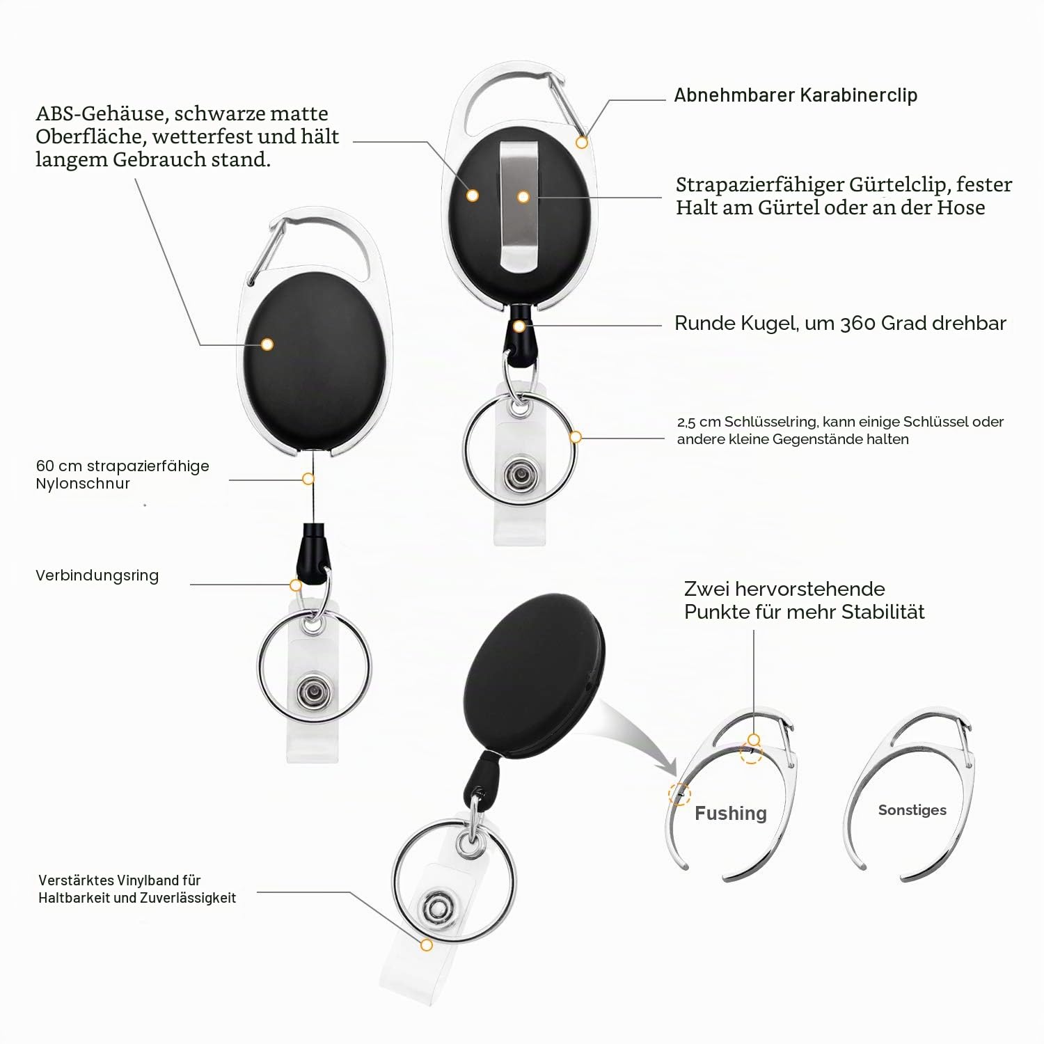 Fushing 10 Pcs Ausweishalter Ausziehbar, Kartenhalter SchlüSselanhäNger,Ausweisjojo Badge Reel Karabiner mit Clip（Horizontal）