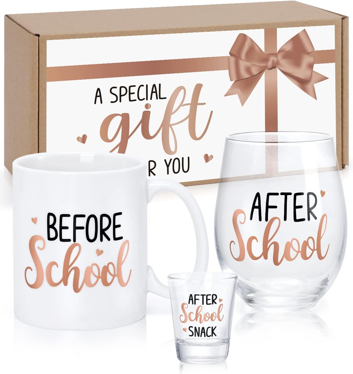 Teacher Appreciation Gift Box Set - Rose Gold Coffee Mug (11Oz) & Wine Glass (18Oz) & Shot Glass (1.5Oz) - Perfect for Women Teachers & School Staff - Retirement Gifts