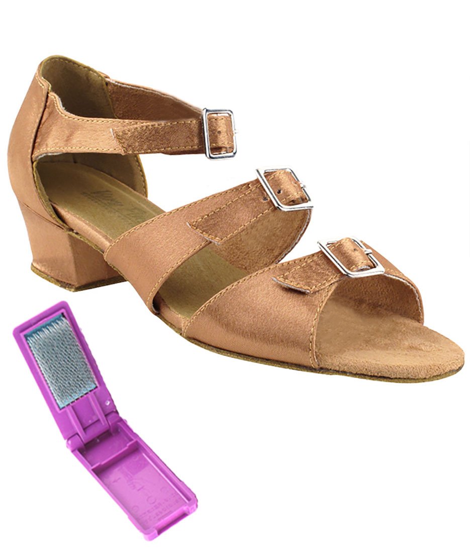Very Fine Dance Shoes - Ladies Practice, Cuban Low Heel Ballroom Dance Shoes - 1679-1.5-inch Heel and Foldable Brush Bundle - Brown Satin - 6.5