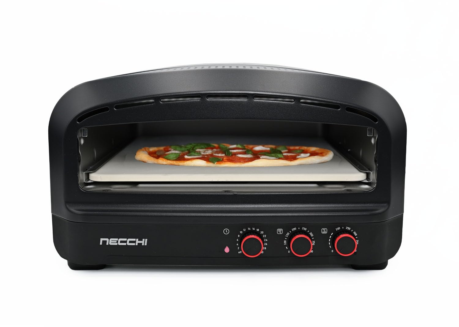 Necchi Forno Pizza 2200W, fino a 400°C per cottura professionale. Pietra refrattaria, timer 30 min, doppio riscaldamento. Capacità 20L, ideale per pizze fino a 27 cm.