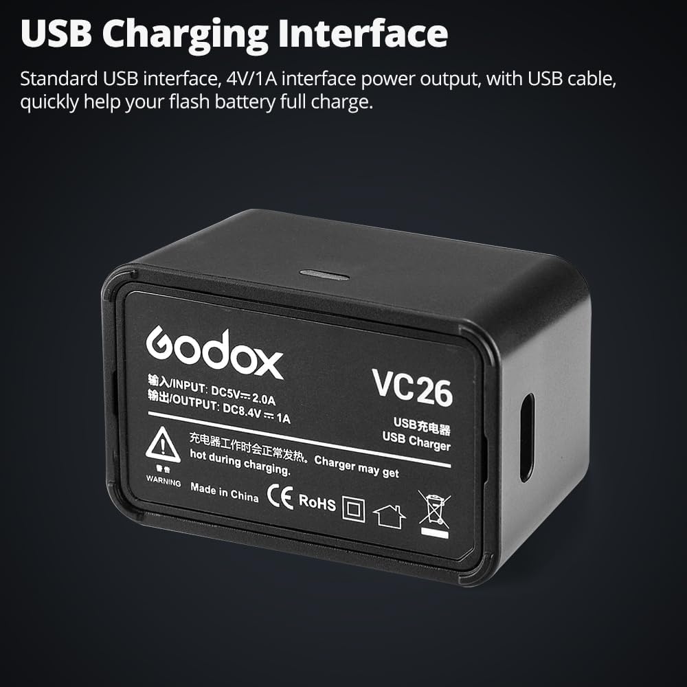 Godox Batería VB26 VB26B 7,2 V 2980MAh para Godox V1 C/N/S/F/O/P Flash Redondo y Godox V860iii S/N/C/F/O/P Flash V850III AD100Pro Speedlight