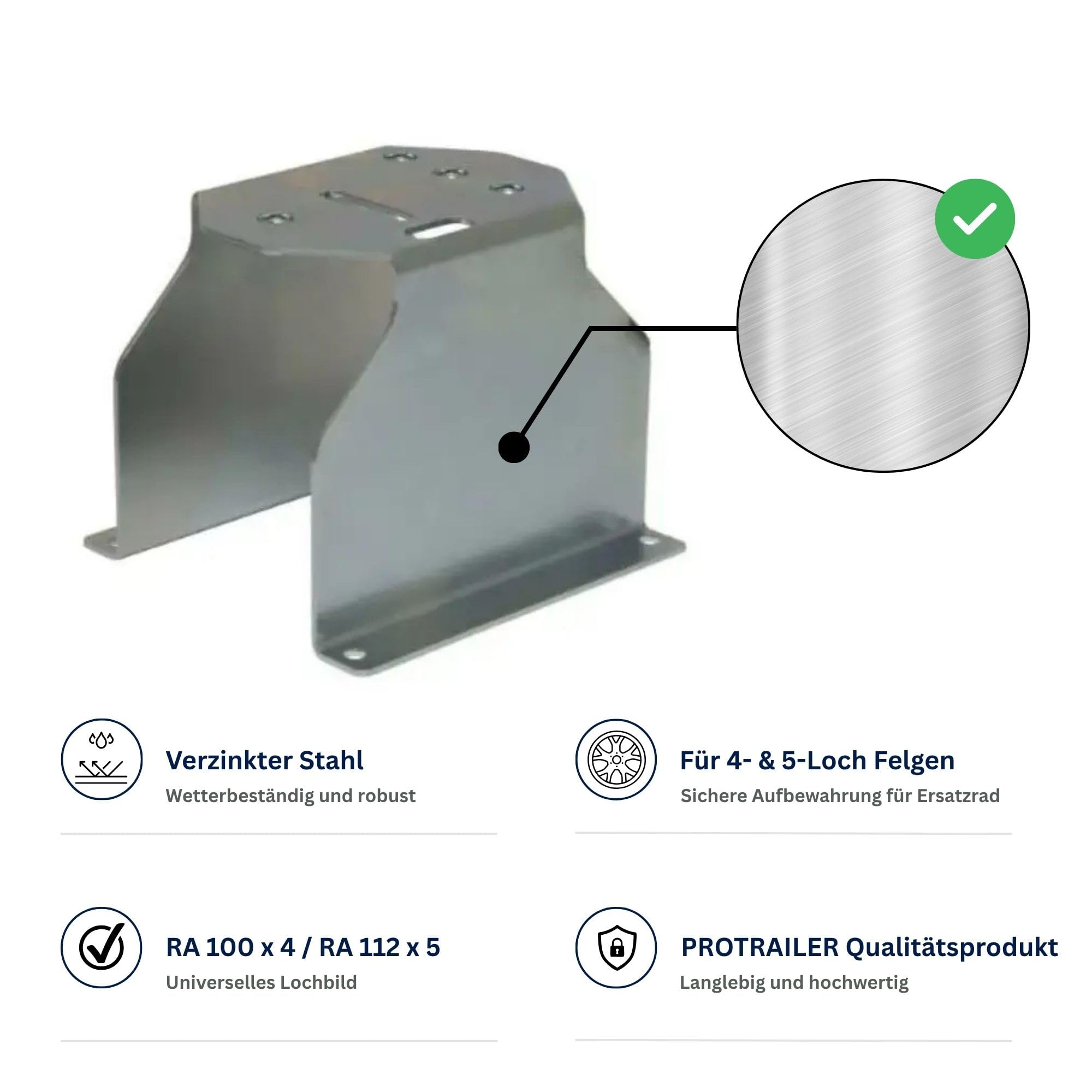 Reserveradhalter für Anhänger, 4-/5-Loch Felgen, verzinkt, M12 x 1,75, passend für Lochkreis 4x100 & 5x112, Ersatzradhalter für Felgen ab 10 Zoll