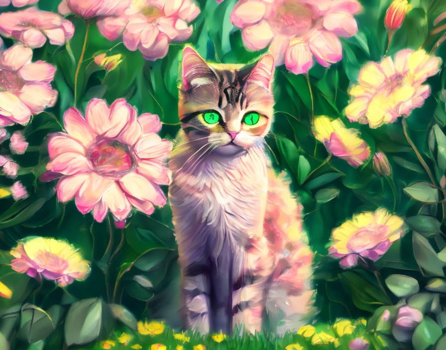 Poster sur toile chat et fleurs 58 x 90 cm, le cadeau idéal pour les passionnés
