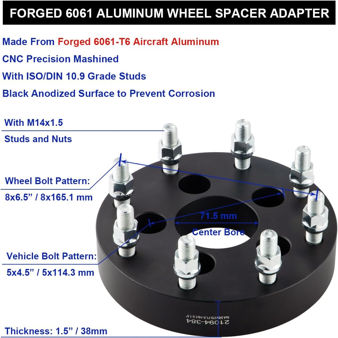 Black Forged 5x4.5 to 8x6.5 Wheel Adapters 1.5 Inch 14x1.5 Studs Compatible with Jeep-Ford-Dodge-Honda-Toyota-Lexus 5 Lug to 8 Lug Adapter (Adapt 8x165.1 Rims on 5x114.3 Vehicle) - Pack of 4