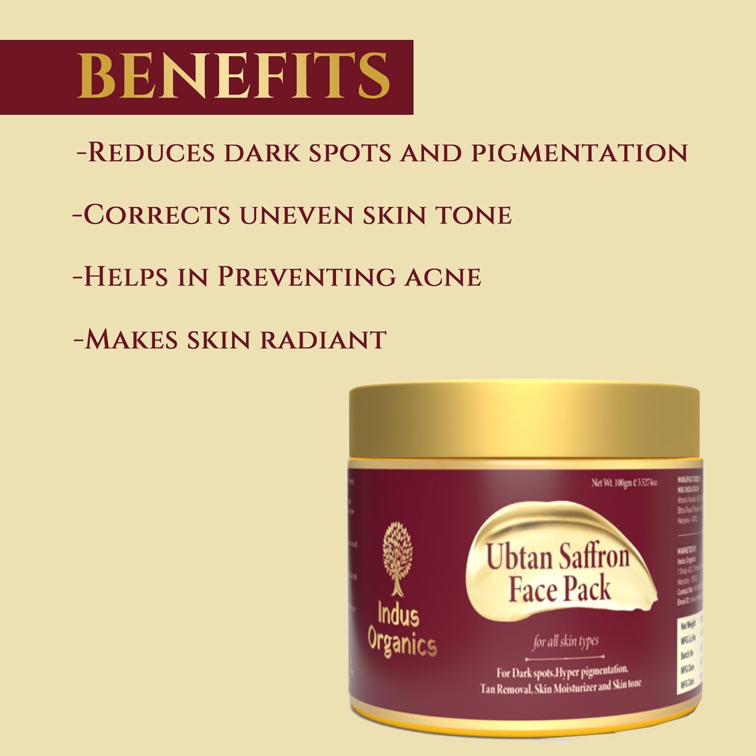 Indus Organics Ubtan Saffron Face Pack/Face Mask for Glowing Skin, detan pack for tan removal & Hyperpigmentation, Dark Spots & Radiant Complexion |100 ml | 1