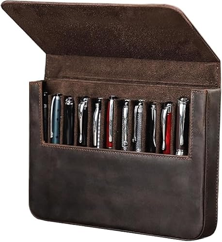 Estuche de cuero 312 para bolígrafo, hecho a mano, estilo cajón, desmontable, estuche magnético para bolígrafos (12 marrones)..