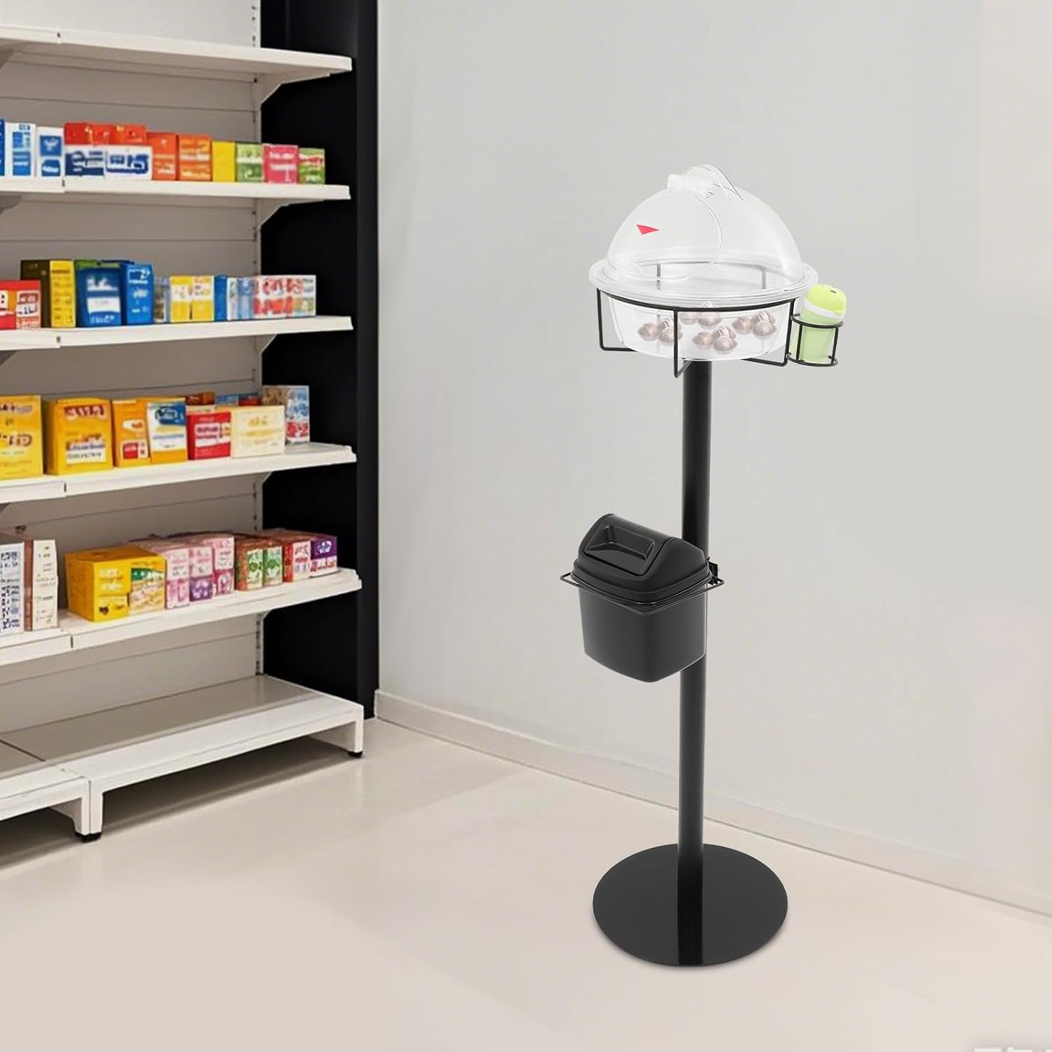 Food Service Sample Display Stand 43.31In Height, Stainless Steel Food Tasting Stand, Bakery Sample Display Box Stand With Toothpick Holder & Garbage Bin For Supermarket Cake Shop Bakery (Black)