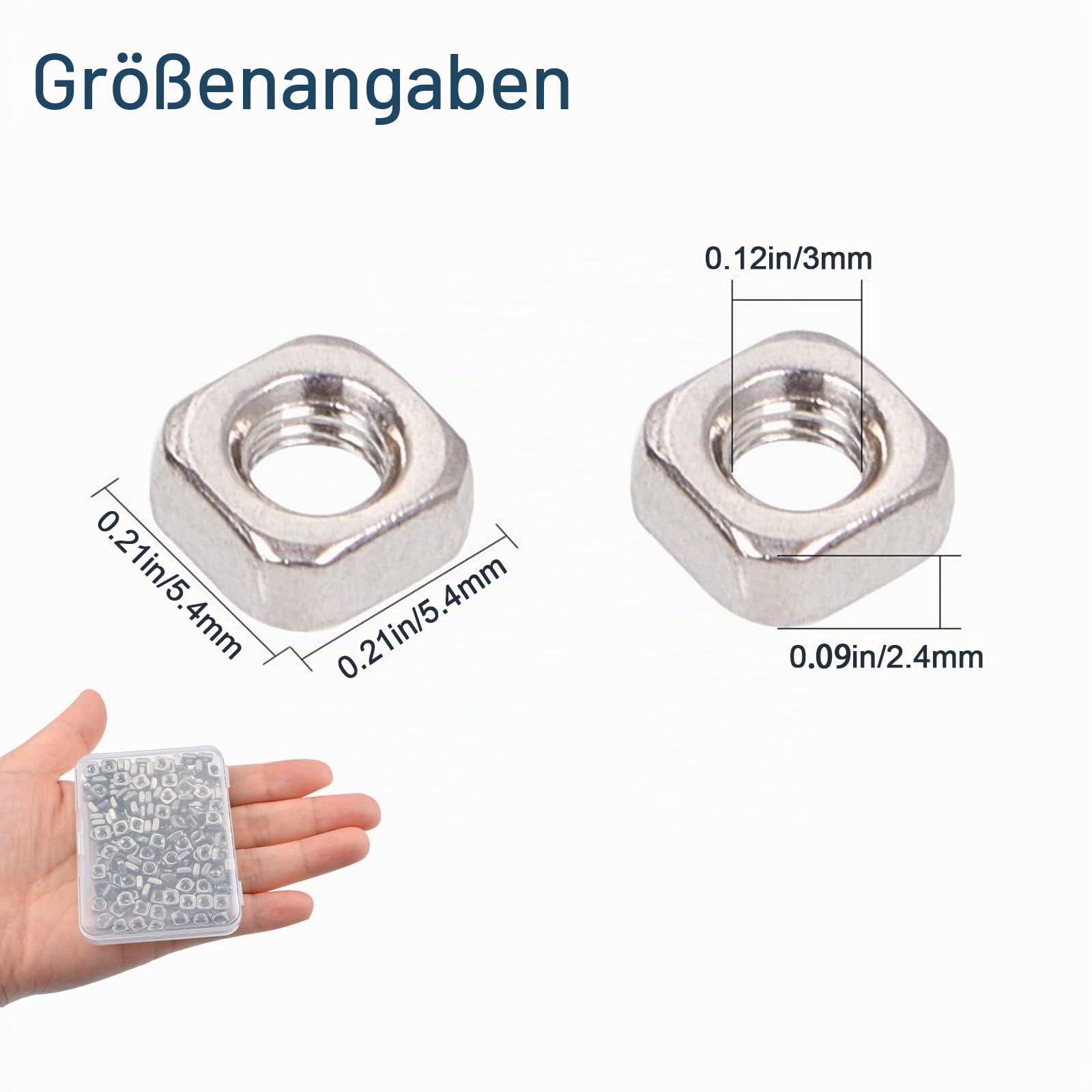 INCREWAY 200 Stück 3 mm Edelstahl M3 Vierkantmuttern, Gewindemuttern, Maschinenschraubenbefestigungswerkzeug