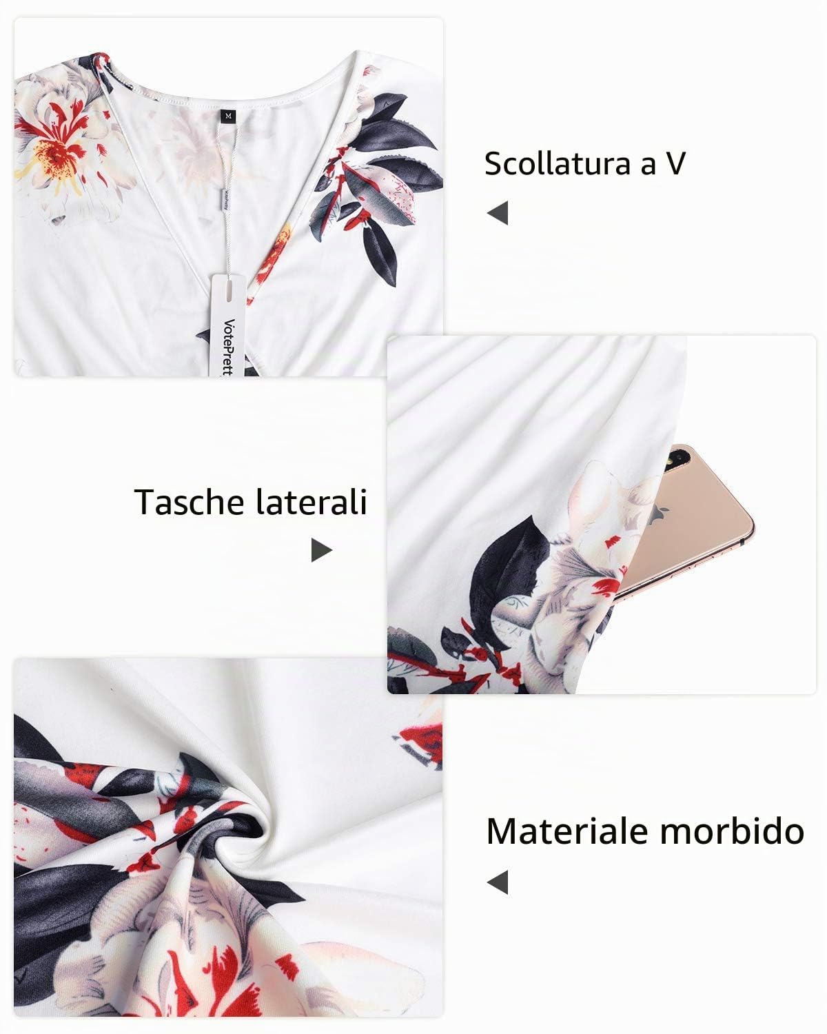 VOTEPRETTY Abito Estivo da Donna Manica Corta con Scollo a V e Avvolgente Abito al Ginocchio con Tasche