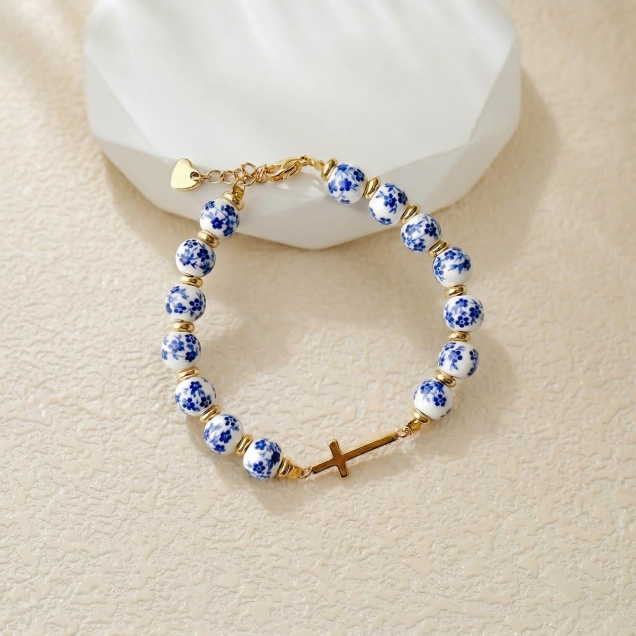 Blue White Ceramic Bead Cross Bracelet for Women, Gold Plated Christian Faith Bracelet, Adjustable Religious Jewelry Gift for Her
