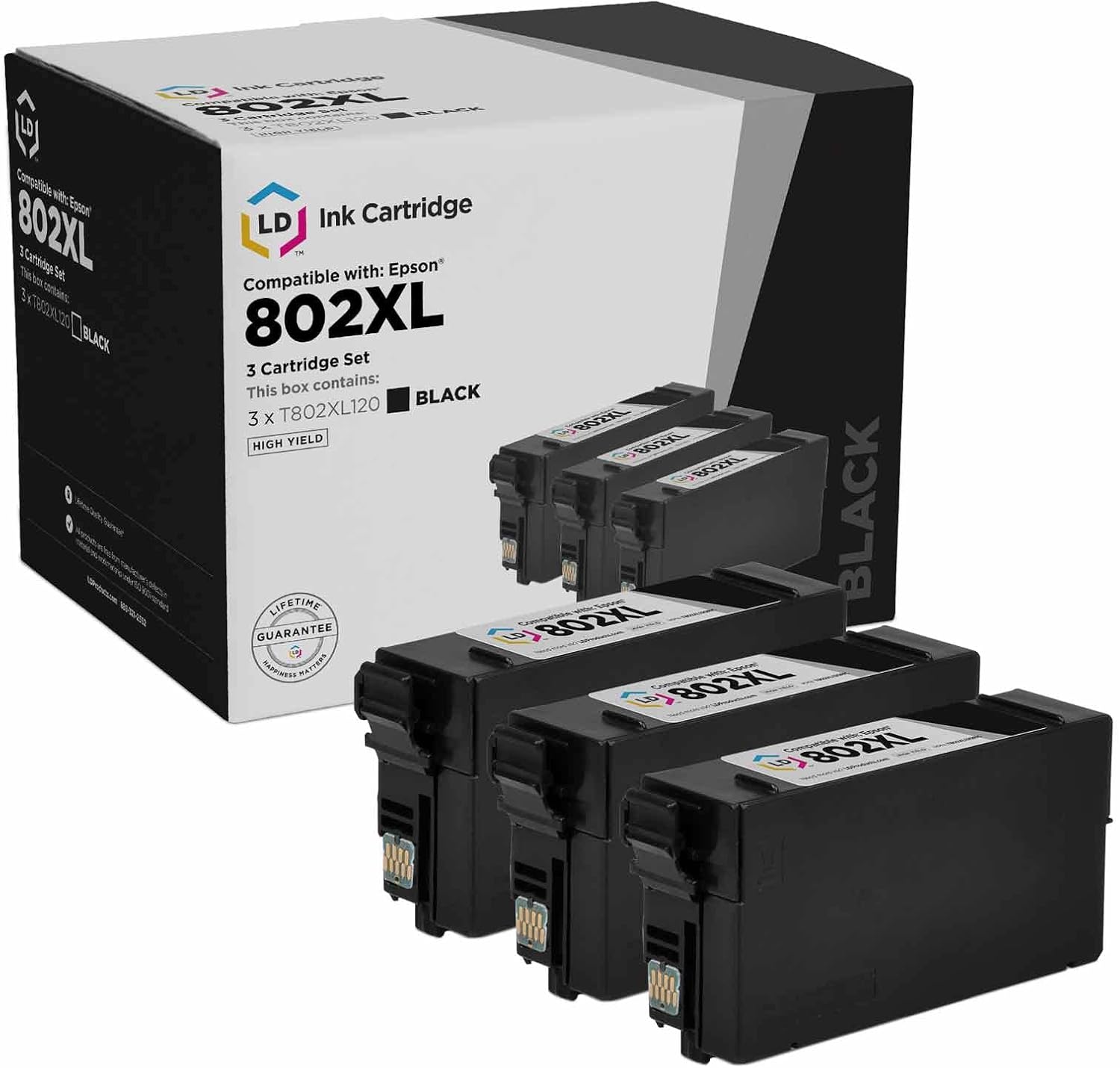 LD Products Remanufactured Replacement for Epson 802XL Ink Cartridges 802 T802XL T802 (Black 3-Pack) for WF-4720, WF-4730, WF-4734, WF-4740 | Workforce Pro: WF-4720, WF-4730, WF-4734, WF-4740