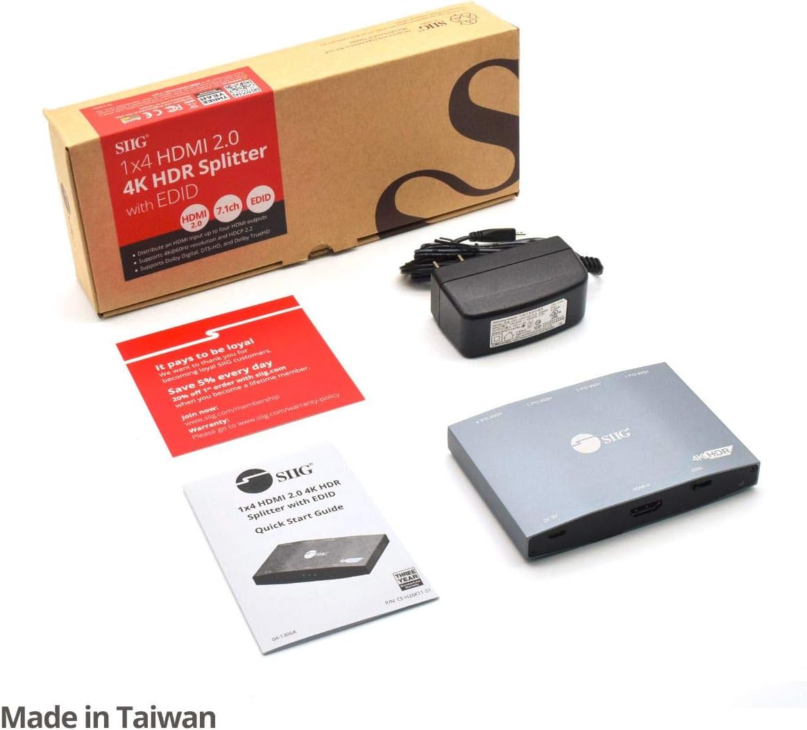 SIIG 4K HDMI Splitter 1 in 4 Out, HDR with EDID, 1x4 HDMI Splitter, HDCP 2.2/1.4, HDR, 18Gbps Bandwidth, EDID Management, TAA Compliant (CE-H26K11-S1)